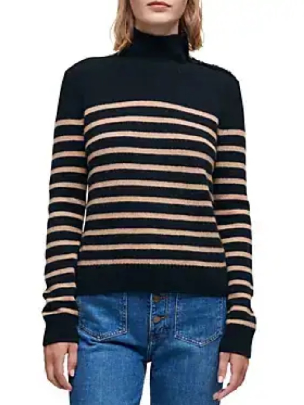 Maje Montsi Striped Cashmere Sweater Turtleneck Black/Camel Gold Button Accent